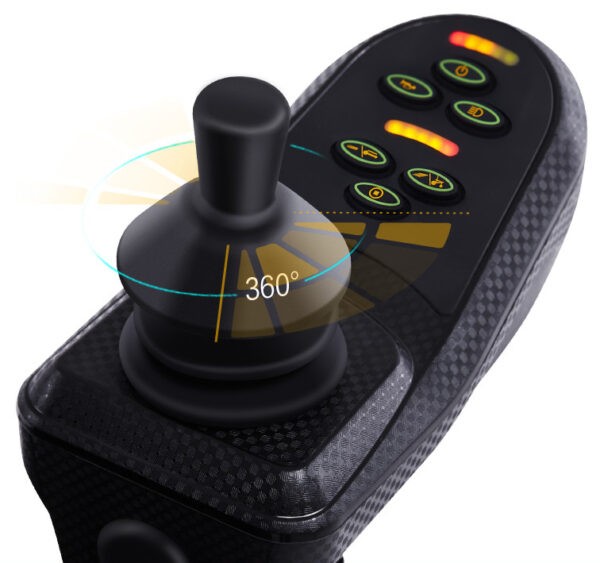 Joystick z możliwością obrotu 360° i przyciskami sterującymi.