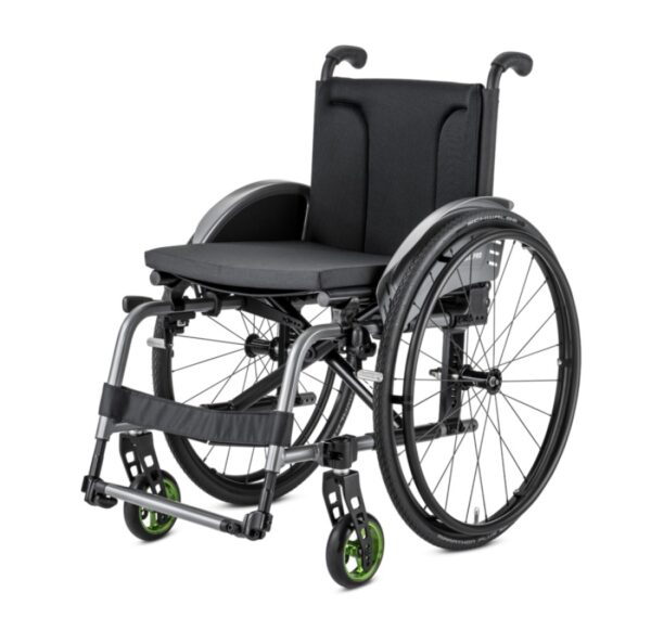 Wózek inwalidzki z nowoczesnym designem i ergonomicznym siedzeniem.