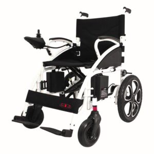 Wózek inwalidzki elektryczny z ergonomicznym siedziskiem i nowoczesnym designem.