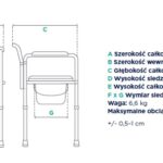 Schemat toalety przenośnej z wymiarami i specyfikacją techniczną.