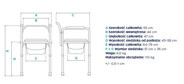Schemat toalety przenośnej z wymiarami i specyfikacją techniczną.