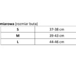 Tabela rozmiarów butów: S, M, L z odpowiadającymi długościami w cm.
