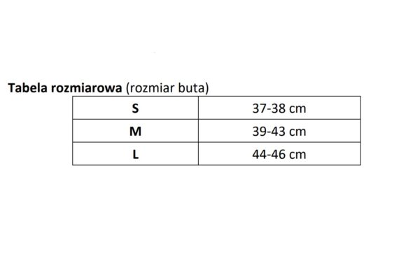 Tabela rozmiarów butów: S, M, L z odpowiadającymi długościami w cm.