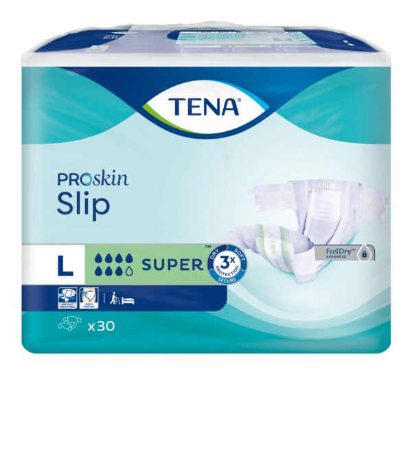 Opakowanie pieluchomajtek TENA ProSkin Slip L, 30 sztuk, super chłonność.