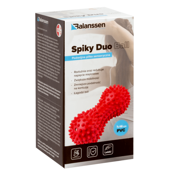 Podwójna piłka sensoryczna Spiky Duo w opakowaniu. Ułatwia relaksację.