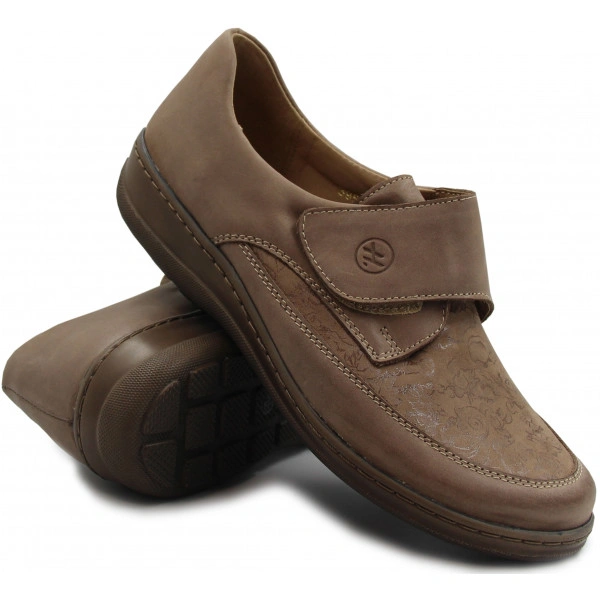 Brązowe buty skórzane z zapięciem na rzep, wygodne i eleganckie.