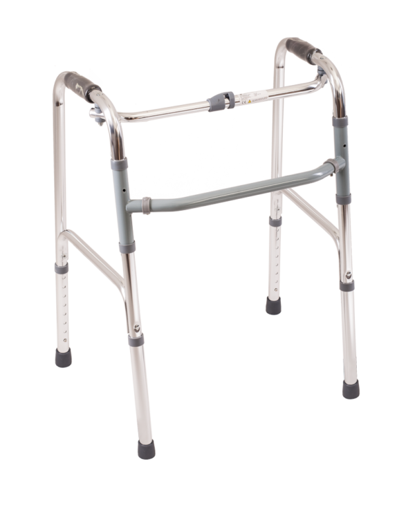 Wózek inwalidzki z metalową konstrukcją i gumowymi nóżkami.
