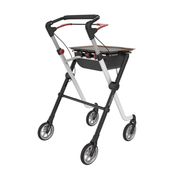 Wózek inwalidzki z ergonomicznymi uchwytami i dużymi kółkami.
