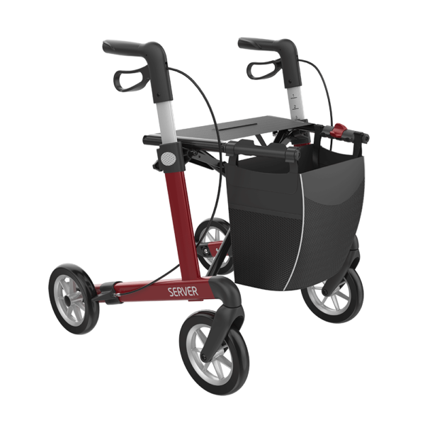 Wózek inwalidzki z torbą, czerwony, z ergonomicznymi uchwytami.