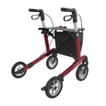 Wózek inwalidzki z ergonomicznymi uchwytami i koszem na zakupy.