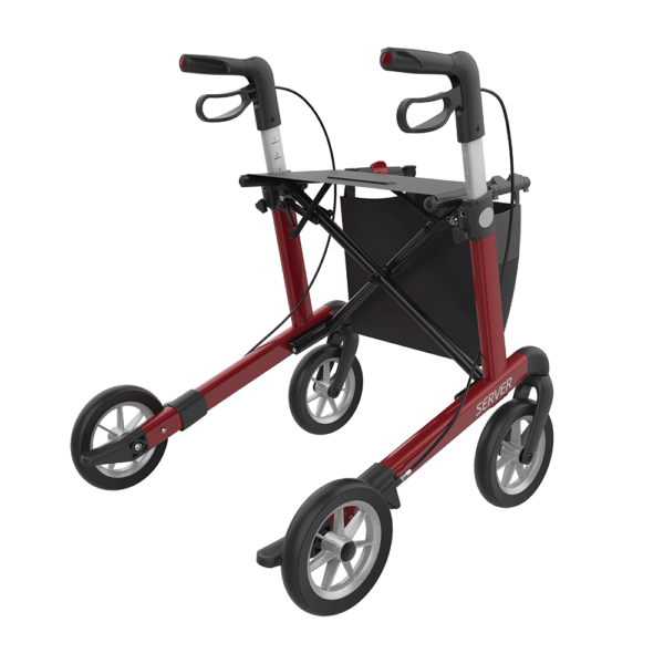 Wózek inwalidzki z ergonomicznymi uchwytami i koszem na zakupy.