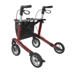 Wózek inwalidzki w kolorze czerwonym z ergonomicznymi uchwytami.