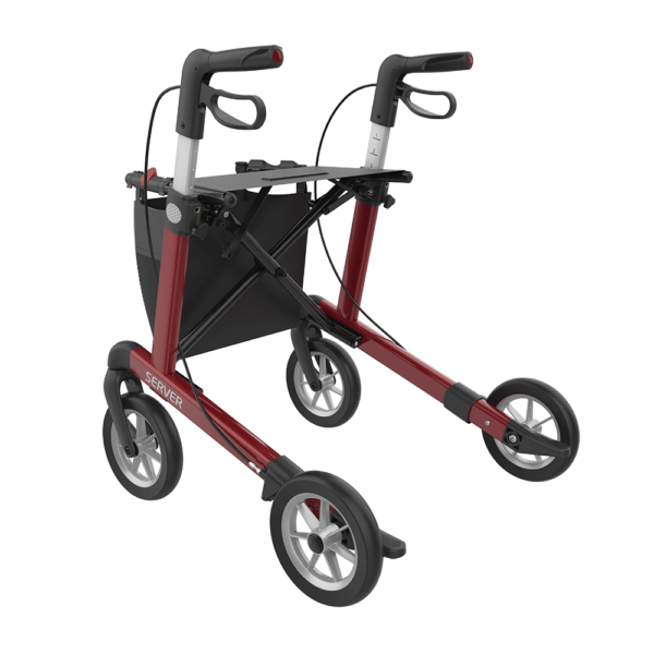 Wózek inwalidzki w kolorze czerwonym z ergonomicznymi uchwytami.