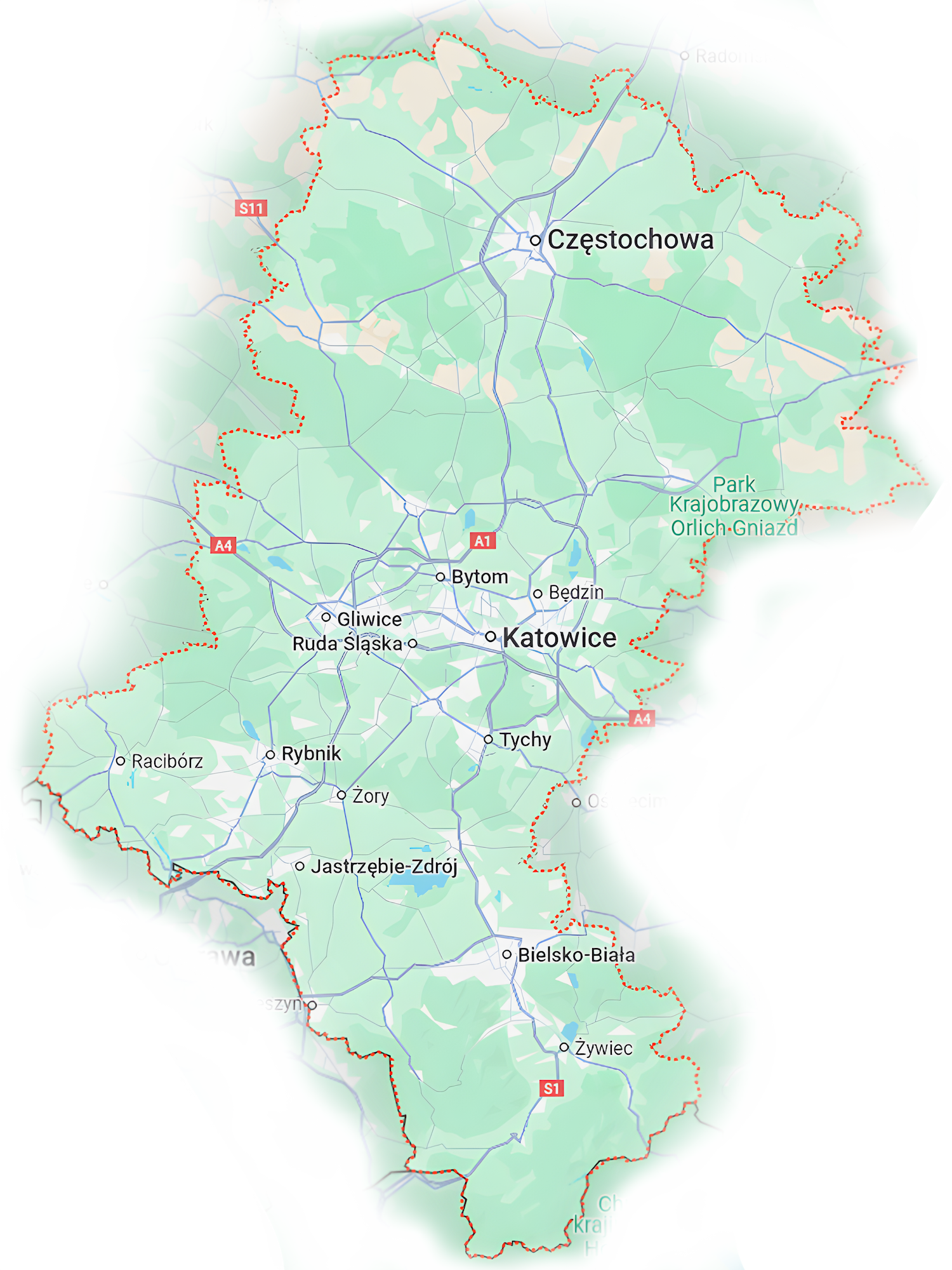 Mapa regionu z miastami, drogami i parkami w Polsce.