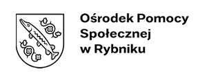 Logo Ośrodka Pomocy Społecznej w Rybniku z rybą i symbolami społeczności.