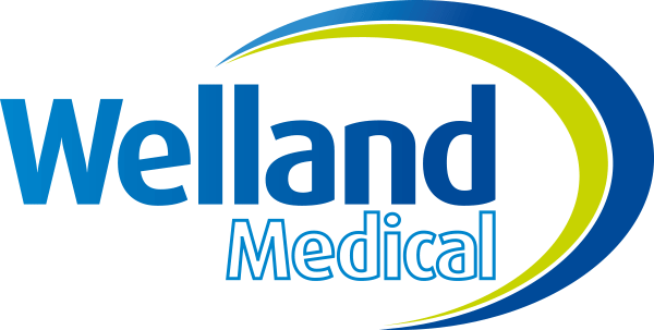 Logo Welland Medical z niebieskimi i zielonym elementami graficznymi.