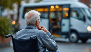 Starszy mężczyzna na wózku inwalidzkim czeka na autobus.