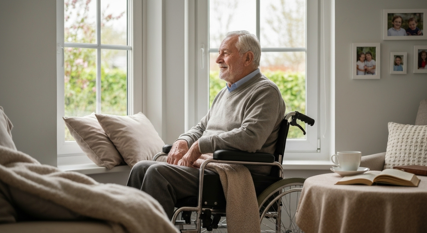 Starszy mężczyzna w wózku inwalidzkim, patrzący przez okno w domu.