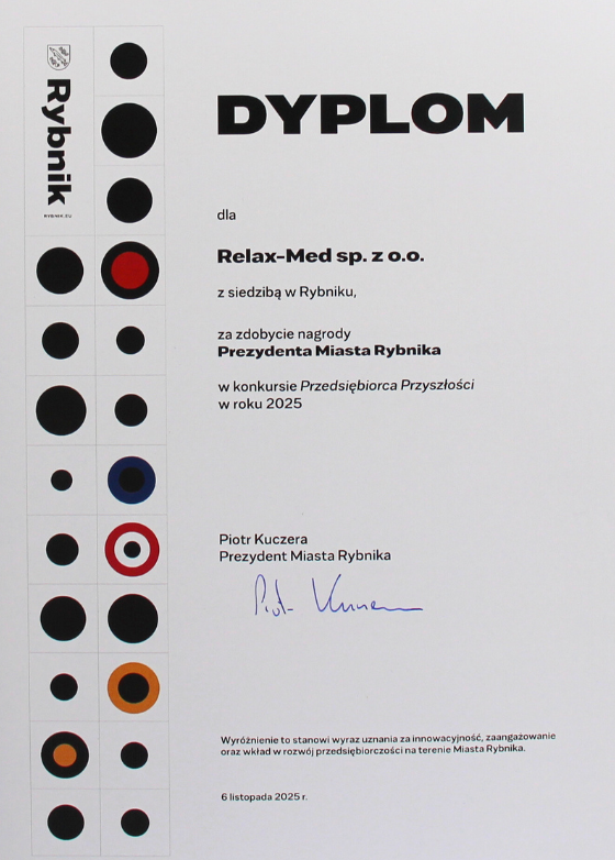 Dyplom dla Relax-Med sp. z o.o. za zdobycie nagrody Prezydenta Rybnika.
