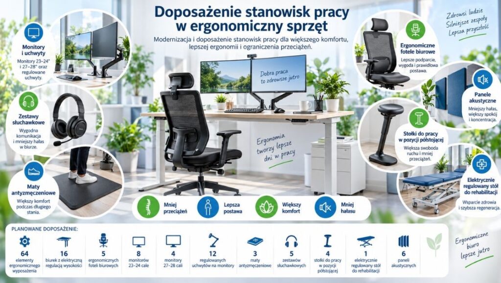 Infografika przedstawiająca doposażenie stanowisk pracy w ergonomiczny sprzęt, w tym biurka z regulacją wysokości, fotele, monitory, uchwyty, maty antyzmęczeniowe, zestawy słuchawkowe, stołki półstojące, stół rehabilitacyjny i panele akustyczne.